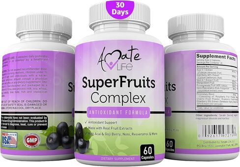 Amate Life Super Fruits Complex Powerful Antioxidant Supplement Immune Support Resveratrol, Elderberry, Acai, Goji Berries, Noni, Pomegranate & Mangosteen Fruit Extract Men & Women 60 Capsules in Kuwait
