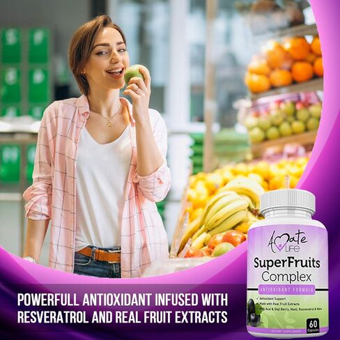 Amate Life Super Fruits Complex Powerful Antioxidant Supplement Immune Support Resveratrol, Elderberry, Acai, Goji Berries, Noni, Pomegranate & Mangosteen Fruit Extract Men & Women 60 Capsules in Kuwait