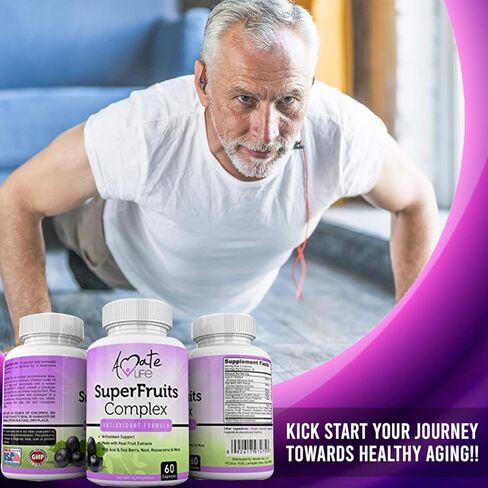 Amate Life Super Fruits Complex Powerful Antioxidant Supplement Immune Support Resveratrol, Elderberry, Acai, Goji Berries, Noni, Pomegranate & Mangosteen Fruit Extract Men & Women 60 Capsules in Kuwait