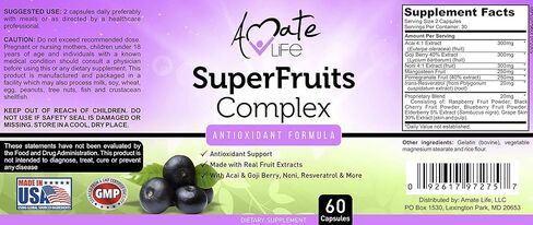 Amate Life Super Fruits Complex Powerful Antioxidant Supplement Immune Support Resveratrol, Elderberry, Acai, Goji Berries, Noni, Pomegranate & Mangosteen Fruit Extract Men & Women 60 Capsules in Kuwait