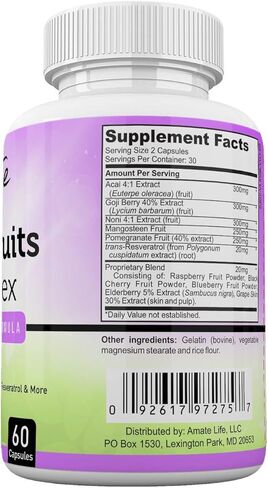 Amate Life Super Fruits Complex Powerful Antioxidant Supplement Immune Support Resveratrol, Elderberry, Acai, Goji Berries, Noni, Pomegranate & Mangosteen Fruit Extract Men & Women 60 Capsules in Kuwait