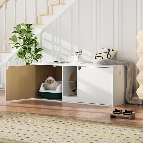 حاوية صندوق فضلات القطط من داونسبيسز لقطتين، خشب حديث قابل للتكديس، خزانة تخزين كبيرة للقطط، أثاث طاولة نهاية، خشب بورليوود in Kuwait