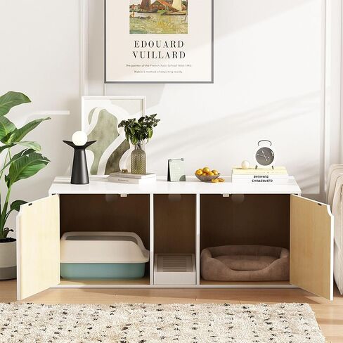 حاوية صندوق فضلات القطط من داونسبيسز لقطتين، خشب حديث قابل للتكديس، خزانة تخزين كبيرة للقطط، أثاث طاولة نهاية، خشب بورليوود in Kuwait