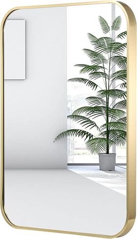 JENBELY 24x36 Inch Gold Bathroom Mirror, Brushed Brass Gold Metal Framed Rectangular Mirror with Rounded Corner, Wall Mounted Vanity Mirror for Bedroom or Living Room, Horizontal/Vertical in Saudi Arabia