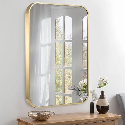 JENBELY 24x36 Inch Gold Bathroom Mirror, Brushed Brass Gold Metal Framed Rectangular Mirror with Rounded Corner, Wall Mounted Vanity Mirror for Bedroom or Living Room, Horizontal/Vertical in Saudi Arabia