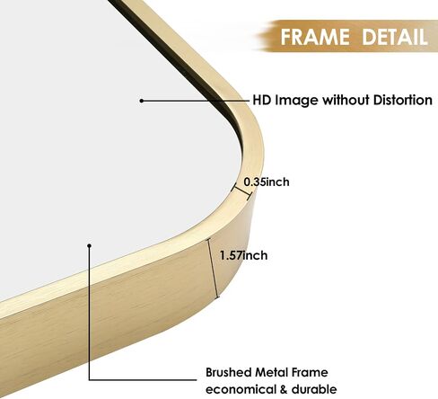 JENBELY 24x36 Inch Gold Bathroom Mirror, Brushed Brass Gold Metal Framed Rectangular Mirror with Rounded Corner, Wall Mounted Vanity Mirror for Bedroom or Living Room, Horizontal/Vertical in Saudi Arabia