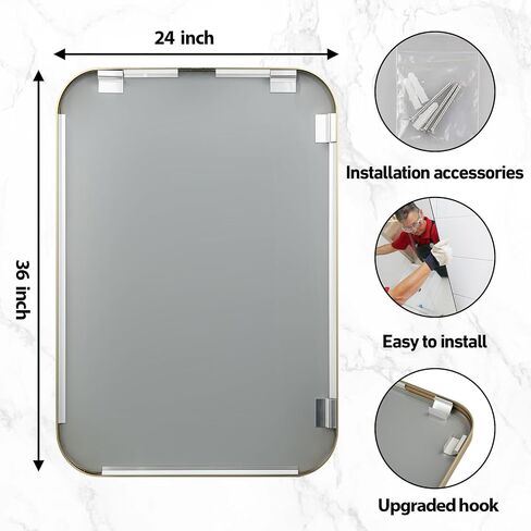 JENBELY 24x36 Inch Gold Bathroom Mirror, Brushed Brass Gold Metal Framed Rectangular Mirror with Rounded Corner, Wall Mounted Vanity Mirror for Bedroom or Living Room, Horizontal/Vertical in Saudi Arabia