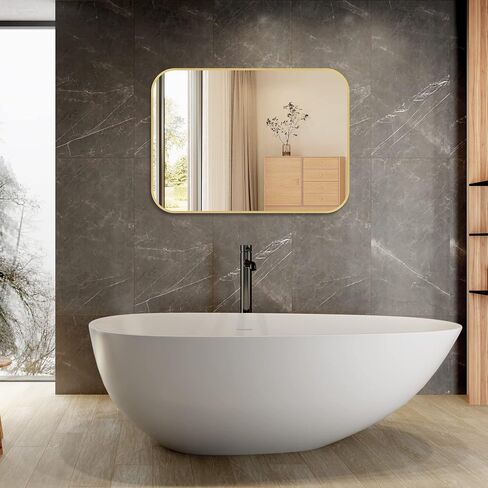 JENBELY 24x36 Inch Gold Bathroom Mirror, Brushed Brass Gold Metal Framed Rectangular Mirror with Rounded Corner, Wall Mounted Vanity Mirror for Bedroom or Living Room, Horizontal/Vertical in Saudi Arabia