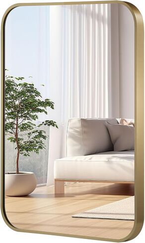 JENBELY 24x36 Inch Gold Bathroom Mirror, Brushed Brass Gold Metal Framed Rectangular Mirror with Rounded Corner, Wall Mounted Vanity Mirror for Bedroom or Living Room, Horizontal/Vertical in Saudi Arabia