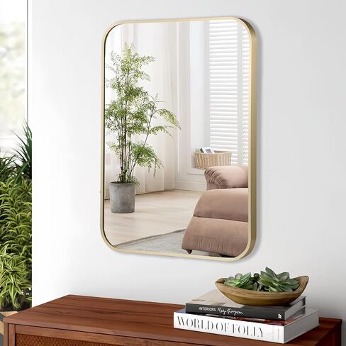JENBELY 24x36 Inch Gold Bathroom Mirror, Brushed Brass Gold Metal Framed Rectangular Mirror with Rounded Corner, Wall Mounted Vanity Mirror for Bedroom or Living Room, Horizontal/Vertical in Saudi Arabia