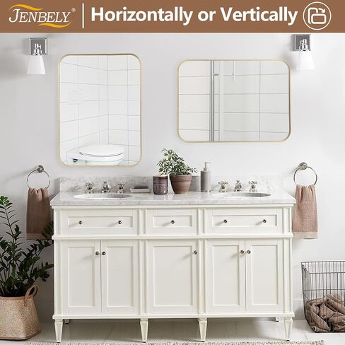 JENBELY 24x36 Inch Gold Bathroom Mirror, Brushed Brass Gold Metal Framed Rectangular Mirror with Rounded Corner, Wall Mounted Vanity Mirror for Bedroom or Living Room, Horizontal/Vertical in Saudi Arabia