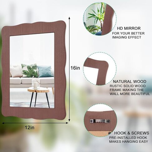 مرايا متموجة للجدار إطار خشبي معلق مرآة حائط ريفية مستطيلة مرايا مثبتة على الحائط لغرفة النوم والحمام وغرفة المعيشة مرآة الغرور صغيرة 16 بوصة × 12 بوصة in Kuwait