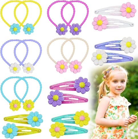 PinkSheep Flower Hair Clips and Hair Ties for Toddler Baby Girls 20PCS Cute Hair Clips Metal Snap Barrettes Sparkly Ties Soft Rubber Bands Colorful For Baby Girl in Kuwait