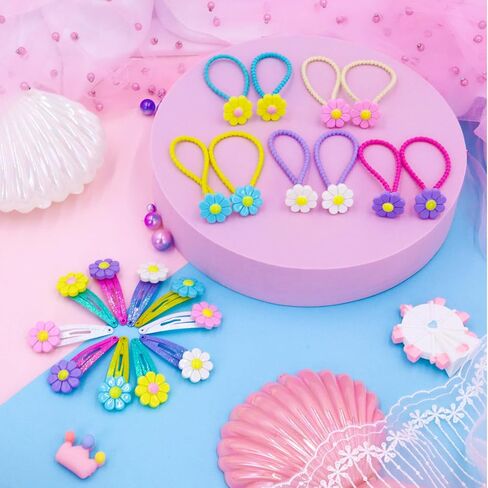 PinkSheep Flower Hair Clips and Hair Ties for Toddler Baby Girls 20PCS Cute Hair Clips Metal Snap Barrettes Sparkly Ties Soft Rubber Bands Colorful For Baby Girl in Kuwait