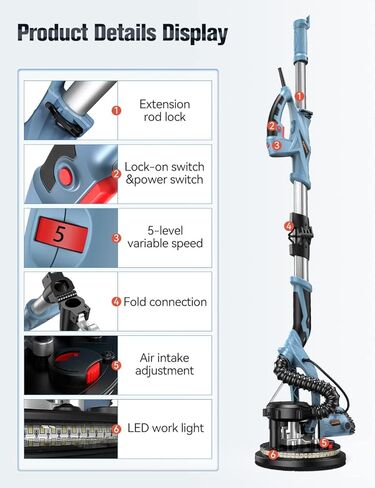 ماكينة التجفيف والجدران الكهربائية 800 واط من هانلايف 7A مع أضواء LED مزدوجة الطابق، سرعة قابلة للتعديل، 800-1800 لفة في الدقيقة، نظام تفريغ تلقائي خالٍ من الغبار و12 قطعة قرص صنفرة in Kuwait