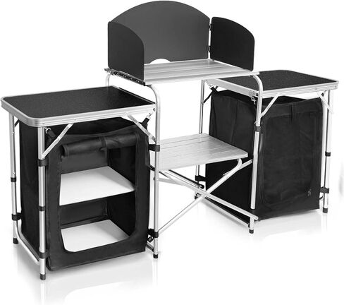 CampLand Folding Camping Kitchen Table with Windscreen,Portable Outdoor Cooking Station with Storage Cabinet & Side Tables Heavy Duty Camp Cook Station for Camping & BBQ (Black2cabinet) in Kuwait
