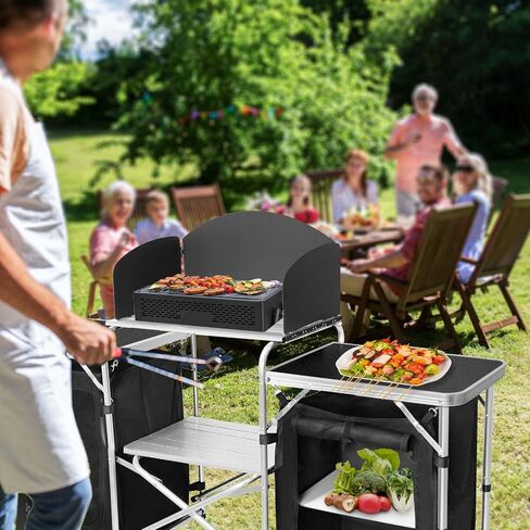 CampLand Folding Camping Kitchen Table with Windscreen,Portable Outdoor Cooking Station with Storage Cabinet & Side Tables Heavy Duty Camp Cook Station for Camping & BBQ (Black2cabinet) in Kuwait