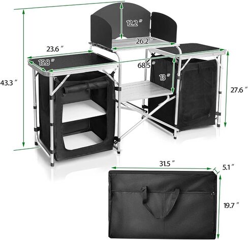 CampLand Folding Camping Kitchen Table with Windscreen,Portable Outdoor Cooking Station with Storage Cabinet & Side Tables Heavy Duty Camp Cook Station for Camping & BBQ (Black2cabinet) in Kuwait