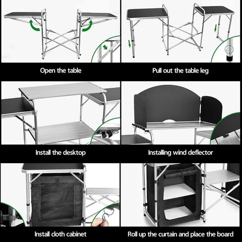 CampLand Folding Camping Kitchen Table with Windscreen,Portable Outdoor Cooking Station with Storage Cabinet & Side Tables Heavy Duty Camp Cook Station for Camping & BBQ (Black2cabinet) in Kuwait