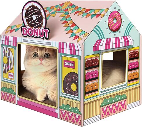 SEKAM Cardboard Cat House with Scratcher/Catnip (16.5'' x 12'' x 15''), Donut Shop for Indoor/Outdoor, Cat Scratch Box & Home Decor, Hideout for Small Animals in Kuwait