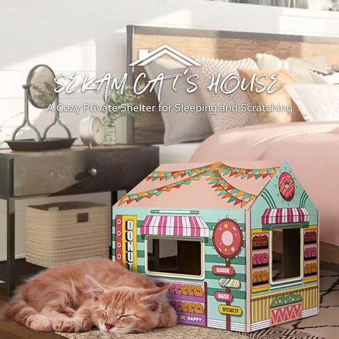 SEKAM Cardboard Cat House with Scratcher/Catnip (16.5'' x 12'' x 15''), Donut Shop for Indoor/Outdoor, Cat Scratch Box & Home Decor, Hideout for Small Animals in Kuwait