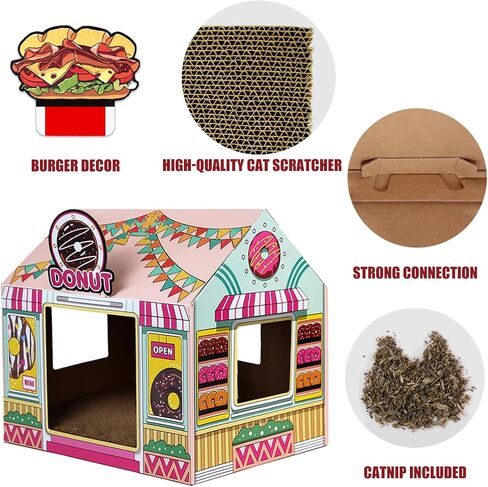 SEKAM Cardboard Cat House with Scratcher/Catnip (16.5'' x 12'' x 15''), Donut Shop for Indoor/Outdoor, Cat Scratch Box & Home Decor, Hideout for Small Animals in Kuwait