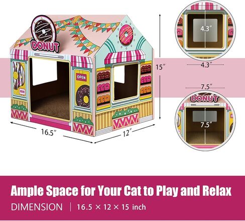 SEKAM Cardboard Cat House with Scratcher/Catnip (16.5'' x 12'' x 15''), Donut Shop for Indoor/Outdoor, Cat Scratch Box & Home Decor, Hideout for Small Animals in Kuwait