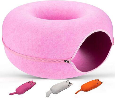 JUGGLENAUT كهف واسع للقطط - سرير نفق للقطط وكهف بيكابو للقطط الداخلية - دونات للقطط الصغيرة إلى الكبيرة - يتضمن 3 ألعاب قطيفة منفصلة لمزيد من المتعة - سعة 20 رطل رمادي داكن in Kuwait