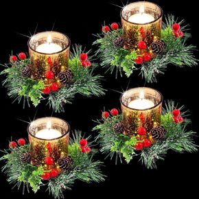 8 Pieces Christmas Candle Holders Glass Tealight Holder Decorative Candle Holder, 4 Pieces Votive Candle Berry Ring with Pinecones and 4 Pieces Gold Votive Candle Holders for Wedding Christmas Decor in Saudi Arabia