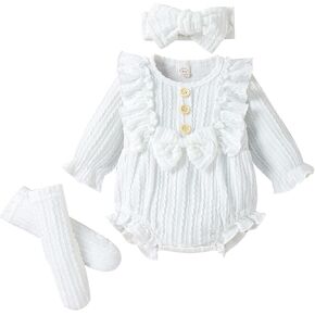 Kodaruber Newborn Baby Girl Outfit Clothes Ruffle Long Sleeve Sweater Romper+Headband+Socks Fall Winter Outfits for Girls