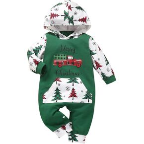 Noubeau My First Christmas Baby Girl Boy Outfit Car Truck Long Sleeve Pocket Hooded Romper Jumpsuit Xmas One Piece Clothes