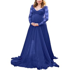 فستان ORQ للأمومة برقبة على شكل V من الشيفون والدانتيل وأكمام طويلة للتصوير الفوتوغرافي لحفلات استقبال المولود الجديد in Kuwait