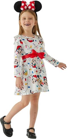 Disney Mickey and Friends Toddler Baby Girl Christmas Ruffles Bow Tie Long Sleeve Tutu Dress in Saudi Arabia