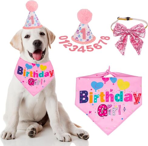 ADOGGYGO Dog Birthday Party Supplies, Boy Girl Dog Birthday Hat with Numbers Dog Puppy Birthday Bandana Hat Bow Set for Medium Large Dogs (Large, Pink) in Saudi Arabia