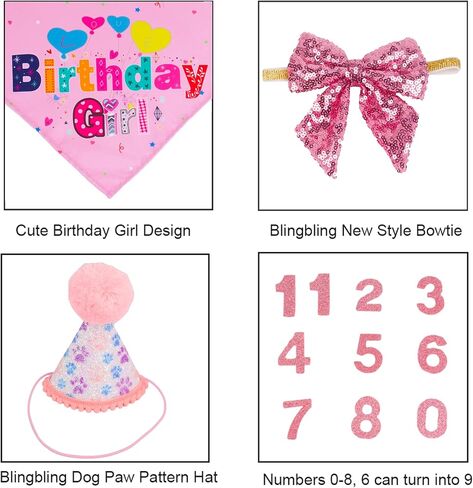 ADOGGYGO Dog Birthday Party Supplies, Boy Girl Dog Birthday Hat with Numbers Dog Puppy Birthday Bandana Hat Bow Set for Medium Large Dogs (Large, Pink) in Saudi Arabia
