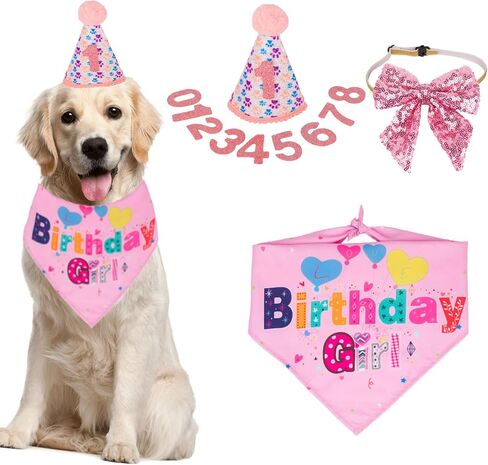 ADOGGYGO Dog Birthday Party Supplies, Boy Girl Dog Birthday Hat with Numbers Dog Puppy Birthday Bandana Hat Bow Set for Medium Large Dogs (Large, Pink) in Saudi Arabia