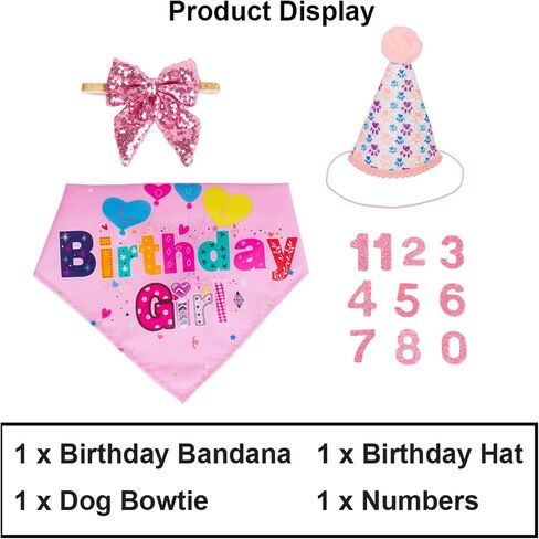 ADOGGYGO Dog Birthday Party Supplies, Boy Girl Dog Birthday Hat with Numbers Dog Puppy Birthday Bandana Hat Bow Set for Medium Large Dogs (Large, Pink) in Saudi Arabia
