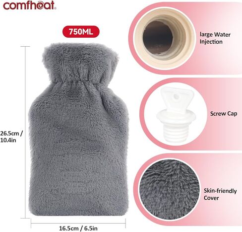 Small Rubber Hot Water Bottle 750ML with Easily Removable Soft Cover, Hot Water Bag for Pain Relief, Menstrual Cramps, Hand & Feet Warmer, BPA Free Hot Compress for Kids Women Men Grey in Kuwait