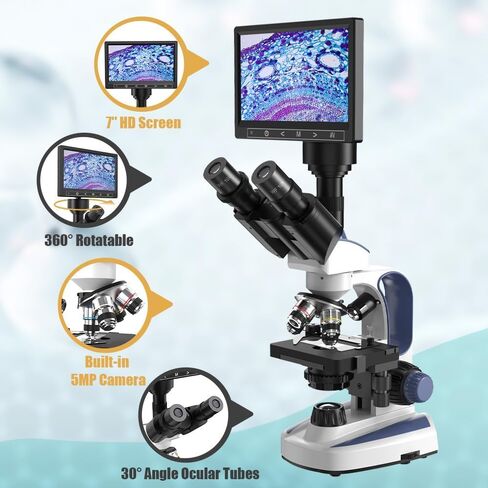 مجهر ثلاثي العينيات مركب من EDKKIE، تكبير 40X-2500X، كاميرا مدمجة 5 ميجابكسل مع شاشة 7 بوصات، رأس Sidetopf، مجهر من فئة البحث للبالغين، مرحلة ميكانيكية مزدوجة الطبقة in Kuwait