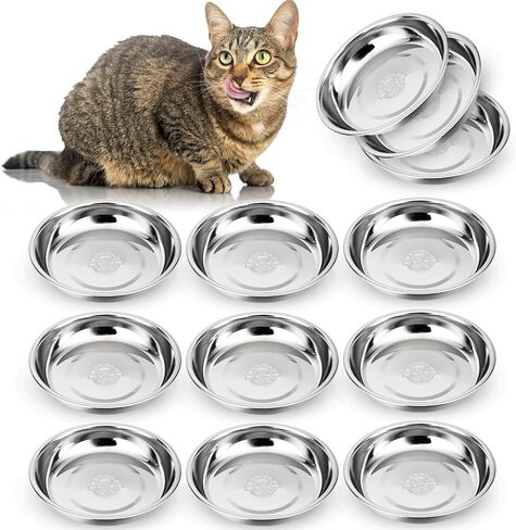 Cat Bowls for Food and Water, 12 PCS Stainless Steel Shallow Cat Bowl, Whisker-Friendly & Stackable - Dishwasher Safe Cat Dishes Cat Feeding Bowl, 5.5 Inches Cat Plates for Small Dogs and Cats in Kuwait