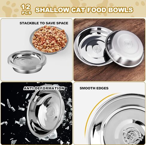 Cat Bowls for Food and Water, 12 PCS Stainless Steel Shallow Cat Bowl, Whisker-Friendly & Stackable - Dishwasher Safe Cat Dishes Cat Feeding Bowl, 5.5 Inches Cat Plates for Small Dogs and Cats in Kuwait