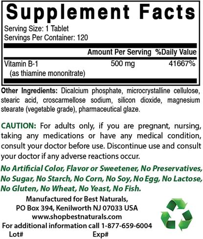 Best Naturals Vitamin B1 as Thiamine Mononitrate 500 mg 120 Tablets (120 Count (Pack of 1)) in Saudi Arabia