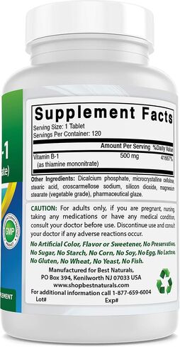 Best Naturals Vitamin B1 as Thiamine Mononitrate 500 mg 120 Tablets (120 Count (Pack of 1)) in Saudi Arabia