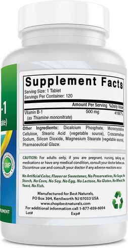 Best Naturals Vitamin B1 as Thiamine Mononitrate 500 mg 120 Tablets (120 Count (Pack of 1)) in Saudi Arabia