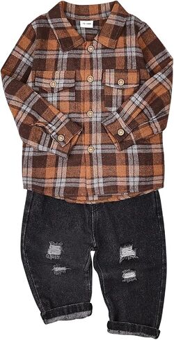 CETEPY Toddler Baby Boy Clothes Winter Outfits Button Down Plaid Shirt + Pocket Jean Pants Set 12 Months - 5 Years Old in Saudi Arabia
