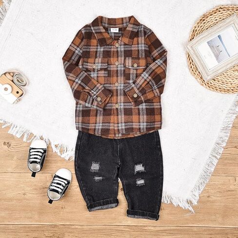 CETEPY Toddler Baby Boy Clothes Winter Outfits Button Down Plaid Shirt + Pocket Jean Pants Set 12 Months - 5 Years Old in Saudi Arabia
