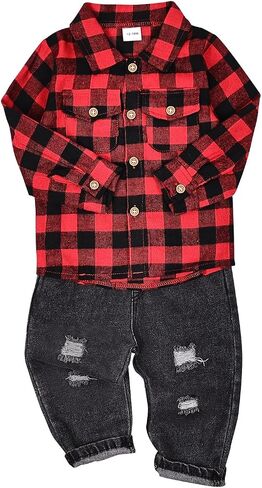 CETEPY Toddler Baby Boy Clothes Winter Outfits Button Down Plaid Shirt + Pocket Jean Pants Set 12 Months - 5 Years Old in Saudi Arabia