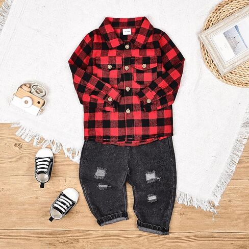 CETEPY Toddler Baby Boy Clothes Winter Outfits Button Down Plaid Shirt + Pocket Jean Pants Set 12 Months - 5 Years Old in Saudi Arabia