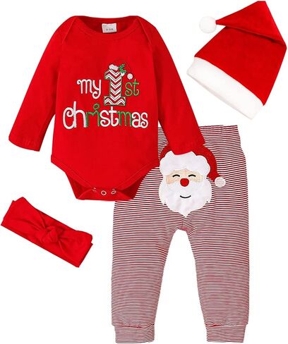 DOMOABEI بلدي 1st ملابس عيد الميلاد عيد الميلاد بيبي بوي الزي ملابس الطفل الصبي رومبير للرضيع سانتا السراويل قبعة 4 قطعة 0-18 أشهر in Kuwait