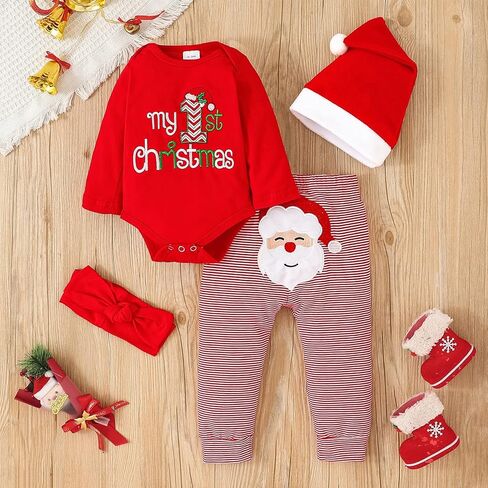 DOMOABEI بلدي 1st ملابس عيد الميلاد عيد الميلاد بيبي بوي الزي ملابس الطفل الصبي رومبير للرضيع سانتا السراويل قبعة 4 قطعة 0-18 أشهر in Kuwait